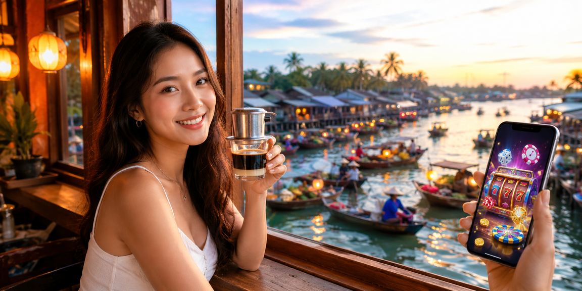 Người dùng chơi casino trên điện thoại bên tách cà phê tại Phú Quốc